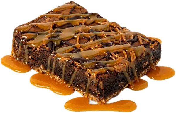 Salted caramel pretzel brownie with caramel drizzle