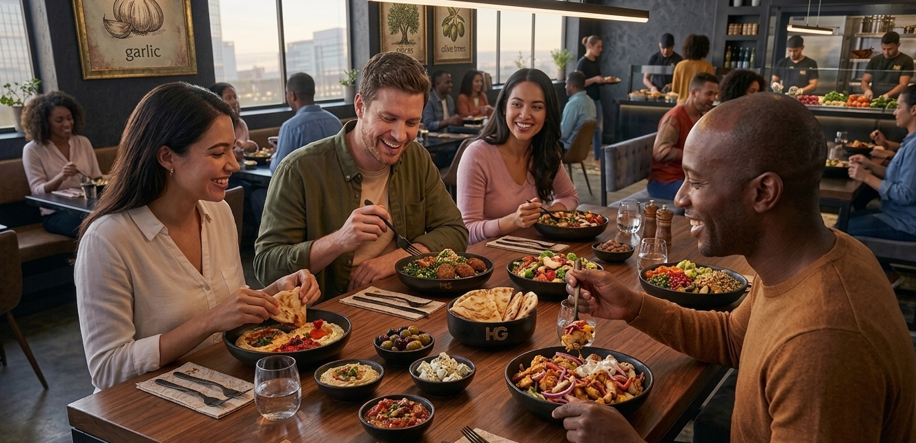 Hummus & Garlic team and guests inside the restaurant