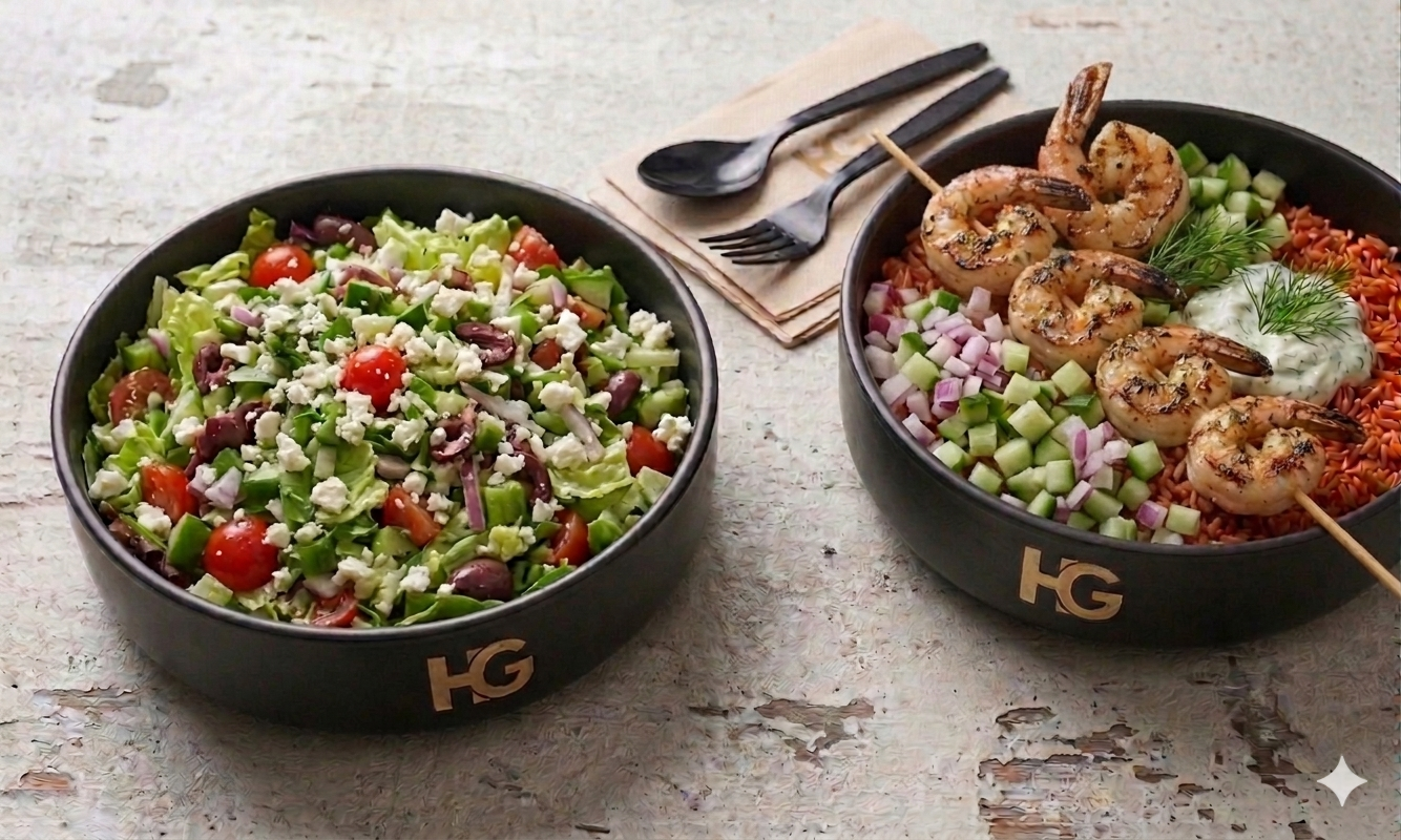 Mediterranean salads and shrimp bowls at Hummus & Garlic Wyandotte