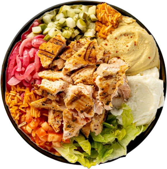 Overhead grilled chicken bowl with red rice, hummus, garlic sauce, pickled onion and traditional veggies