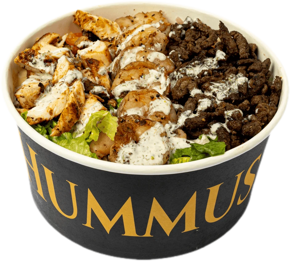 Grilled chicken bowl in a branded Hummus & Garlic bowl