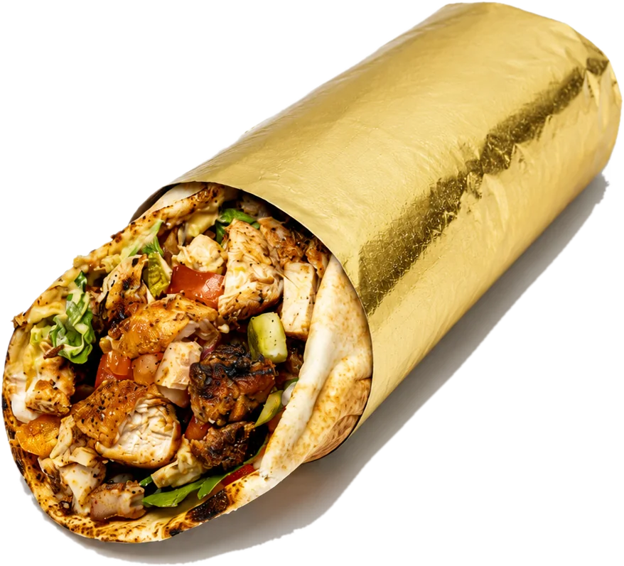 Signature chicken shawarma wrapped in gold foil