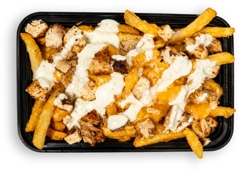Loaded Shawarma Fry Bowl with grilled chicken, melted cheese and dill ranch