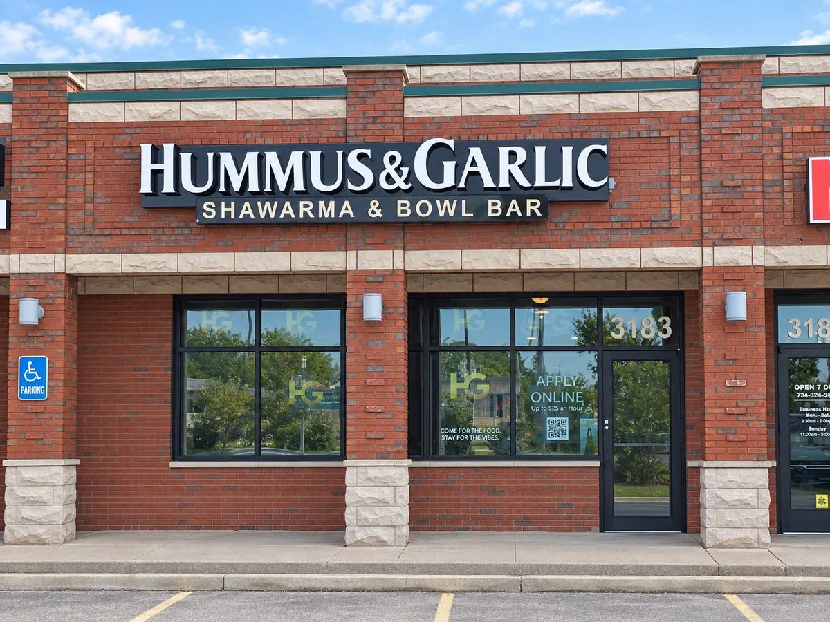 The Hummus & Garlic storefront on Fort Street in Wyandotte