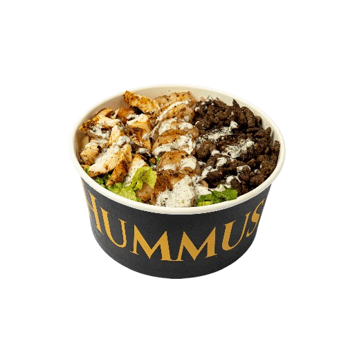 Grilled chicken bowl in a branded Hummus & Garlic bowl