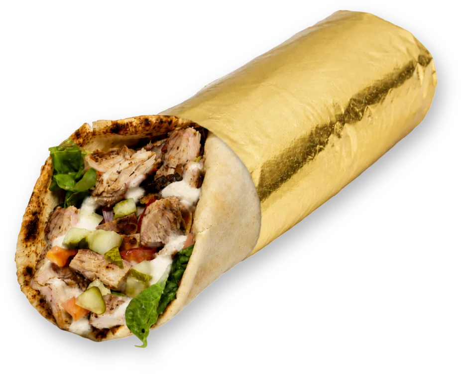 Signature chicken shawarma wrapped in gold foil